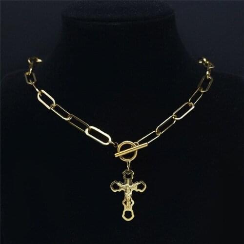 2021 Stainless Steel Catholic Cross Jesus Necklaces Pendants Women/Men Gold Color Chain Necklace Jewelry collier croix N6009S01