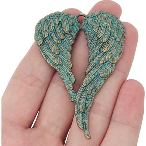 5 x Large Heart Angel Wings Feather Green Verdigris Patina Charms Pendants for Necklace Jewelry Making 68x47mm
