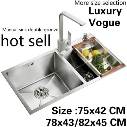 Free shipping Home 304 stainless steel common wash vegetables big kitchen manual sink double groove 75x42/78x43/82x45 CM