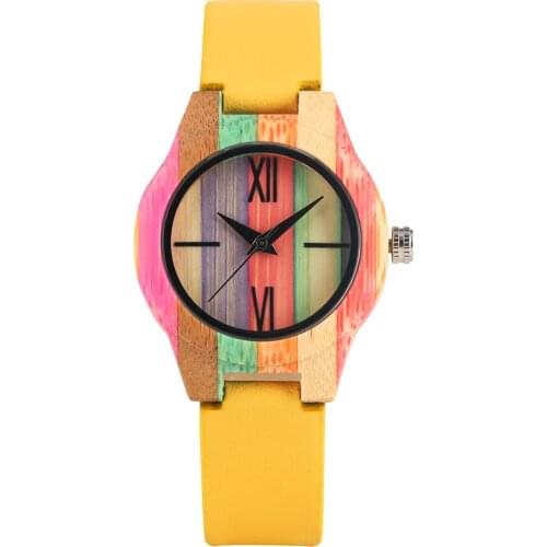 Women 's Watch Yellow Leather Strap Watches Colorful Bamboo Case Watch for Female Girls Quartz Analog Bamboo Wristwatch
