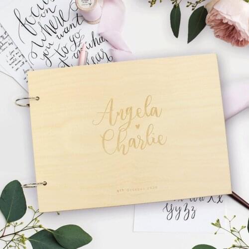 Wooden Wedding Guest Book, Calligraphy ,Rustic Wreath, Laser Engraved Names Bride and Groom,Personalized