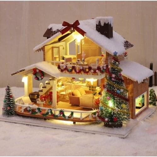 Wooden DIY Christmas Eve Doll House Kit Miniature With Furniture Casa Snow Cottage Dining Room Dollhouse Toys For Children Gifts