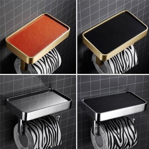 Brushed Gold Bathroom Roll Paper Holder Soild Brass & Leather Bath Mobile Phone Towel Rack Toilet Tissue Shelf Wall Mounted