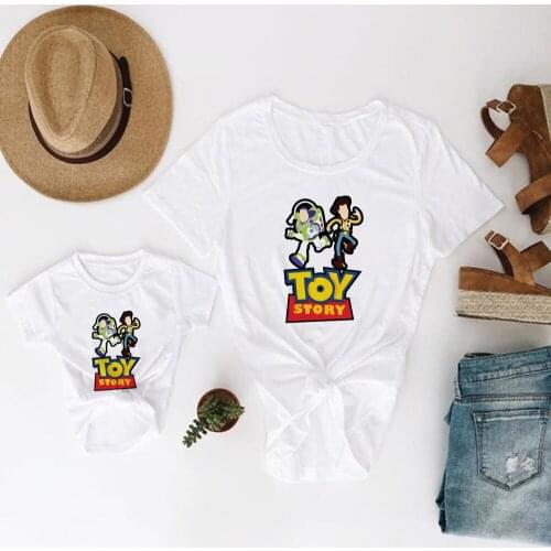 Harajuku Tshirt Toy Story 4 Buzz Woody Print Baby Boy Short Sleeve Fun Print Casual Kids Tee Shirt Matching Family Clothes