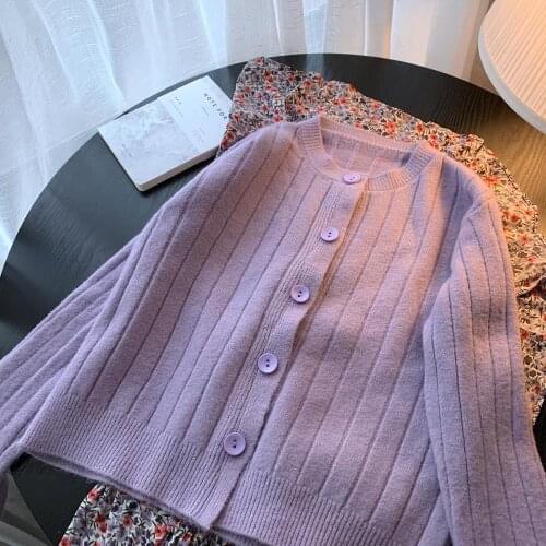 Women Elegant Single Breasted Cardigan Sweater Autumn Winter New Solid Color Casual Long Sleeve Knitted Ribbed Taro Purple Coat