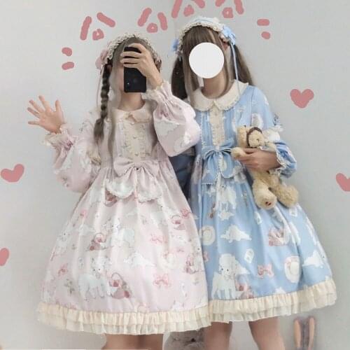 Kawaii Japanese Lolita Vintage dress Lamb Printing lolita dress women soft girl style cute Princess lace dress cute