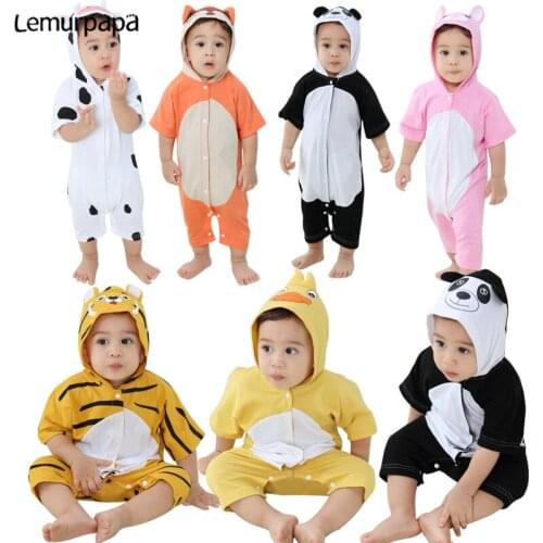 Newborn Baby Rompers Clothes Animal Kigurumis Boy Girls Short Sleeve Onesie Cartoon Tiger Leopard Hooded Costumes Toddler