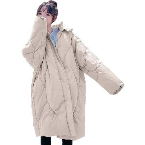 Winter down cotton padded jacket mid-length loose parka 2020 new long sleeve solid zipper thick warm straight hooded Female W54