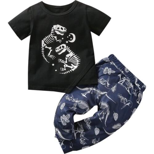 Kid Boy Summer Pants Short Sleeve Round Collar Dinosaur Printed Pullover Sports Loose Trousers