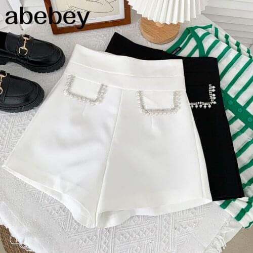 Fashion versatile solid color Shorts diamonds beaded decoration high waist casual wide leg A-line Shorts 2021 New Summer