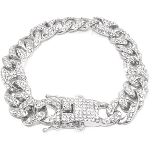 Hip Hop Iced Out Crystal Rhinestone Miami Cuban Chain Gold Silver Color 2021 Bracelet Set for Men Women