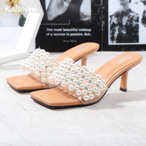 Kalsooni 2021 New Women Summer Heels Middle-heel Sandals Modern Pearl Slippers