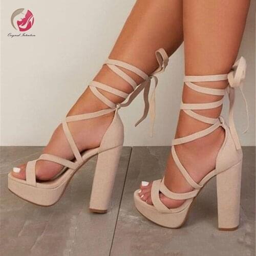 Original Intention Popular Beige Ankle Cross-tied Sandals Woman Chunky High Heels Peep Toe Elegant Sandals Party Shoes Plus Size