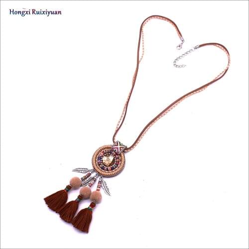 Pendant necklace bohemian style handmade bead necklace women leather leaf soft clay necklace simple tassel necklace jewelry