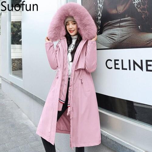 Suofun X-Long Slim Casual Fashion Cotton Liner Parker Parka 2021 New Hood Winter Warm Jacket Women Hooded Parka Fur Collar Coat