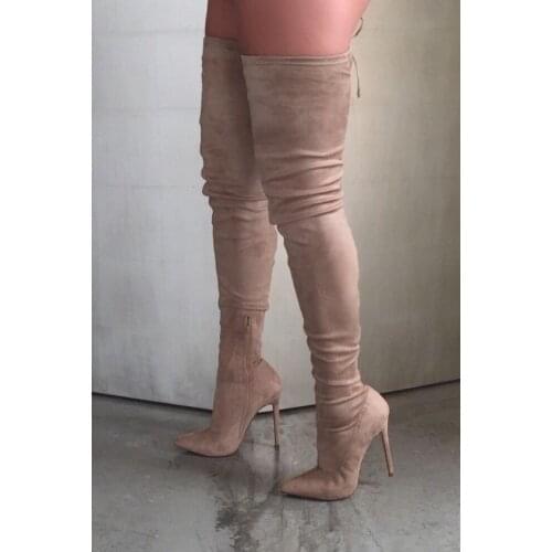 Sexy Stretch Fabric Thigh high boots pointed toe over the knee high heel boots woman long boots stiletto heels boots beige black