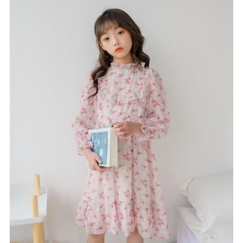 Girls Dress Autumn New Chiffon Kids Dress For Girl Children Clothing Teenage Girls Long Sleeve Floral Print Princess Dresses