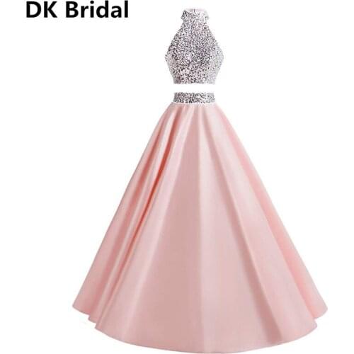 Pink 2 Pieces Beaded Prom Dress High Neck Crystals Sequin Formal Gown Elegant Open Back Floor Length Satin Party Pageant Dress