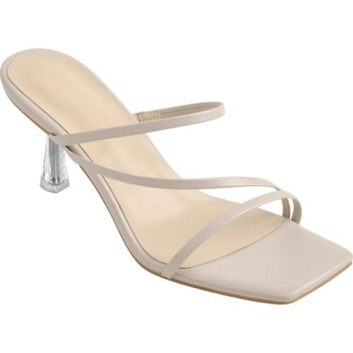 Richealnana Summer Womens Slip-On Shoes Square Toe Sandals Matte Narrow Band Summer Clear Metal Heel Slipper Comfortable 2021