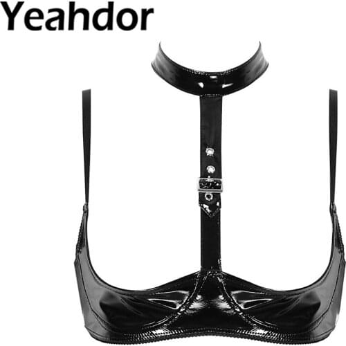 Sexy Lingerie Bras for Womens Wet Look Patent Leather Halter Neck Open Cups Wire-free Shelf Bra Top Erotic Underwear Clubwear