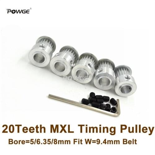 POWGE 5pcs 20 Teeth MXL Timing Pulley Bore 5/6.35/8mm For W=9.4mm MXL Timing Belt 3D Printer Ultimaker(20T 20Teeth MXL Pulley)