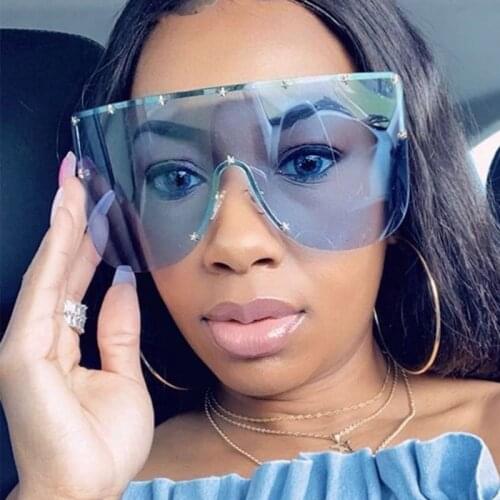 Blue Rimless One Piece Large Sunglasses Women Brand Design Star Oversized Sun Glasses For Women Men Shield Visor Windproof UV400