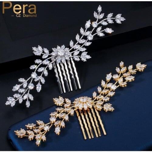 Pera High Quality Yellow Gold Sparkling CZ Crystal Big Flower Leaf Wedding Bridal Hair Accessories Combs Headpiece Jewelry H023