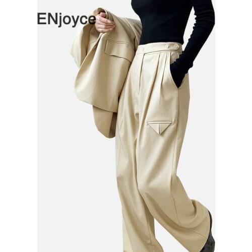 Vintage Yellow High Waist Loose Personality Pocket Suit Pants for Women Causal Wide-legged Trousers 2020 New Fall Korean Stylish