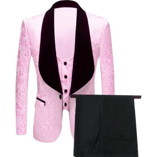 High Quality Pink/Red/Black/Red/Champagne Paisley Groom Tuxedos Shawl Lapel Groomsmen Mens Wedding Party Suits Best Man Blazers