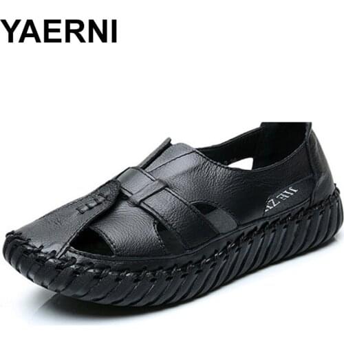 YAERNISandals Women2020Summer Genuine Leather Handmade Ladies Shoe Leather Sandals for Women Flat Shoes Retro Style Mother Shoes