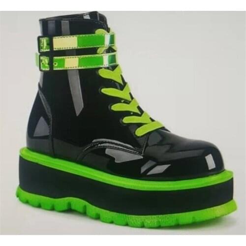 RIBETRINI Brand Design New Goth Shoes Women Platform High Wedges Thick Bottom Punk Street Green Patent PU Trendy Boots Laides