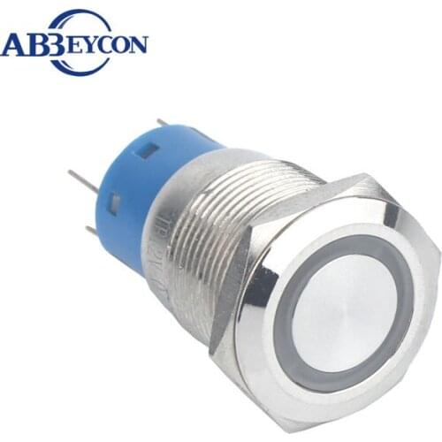 19mm Flat Head Latching Ring LED Illuminated 1NO1NC 48V Green/Yellow Bi-color Anti-Vandal Solder Metal Shell Push Button Switch