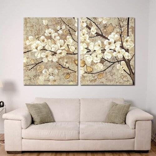Retro Chinese Japan Home Decoration Print Posters 2 Pieces White Flowers Yellow Leaf Canvas Painting Abstract Wall Art Pictures