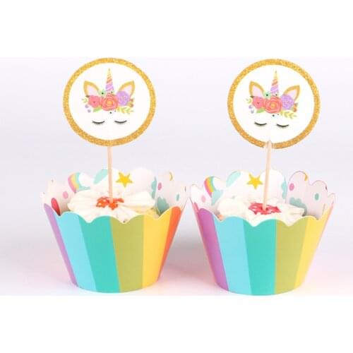 24 pcs/lot Rainbow Unicorn Wrapper Cupcake Topper Baby Shower Kids Birthday Wedding Party Supplies ( 12 wrapps+12 topper)