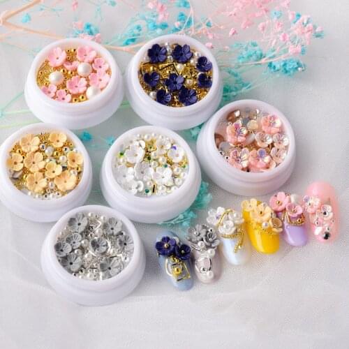 3D Nail Shell Flower Nail Art Sequins Five Petal Flower Steel Ball Rivet Rhinestone DIY Gel Polish Nail Piece Decoration