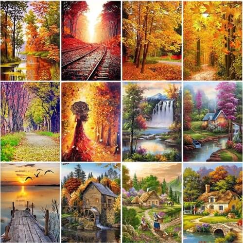 DIY 5D Diamond Painting Waterfall Diamond Embroidery Cross Stitch Autumn Landscape Tree Full Round Drill Art Wall Home Decor