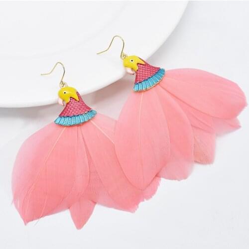 Boho Parrot Birds Drip Oil Drop Earrings for Women Pink Red Brown Blue Feather Dangle Earring Party Holiday Jewelry pendientes