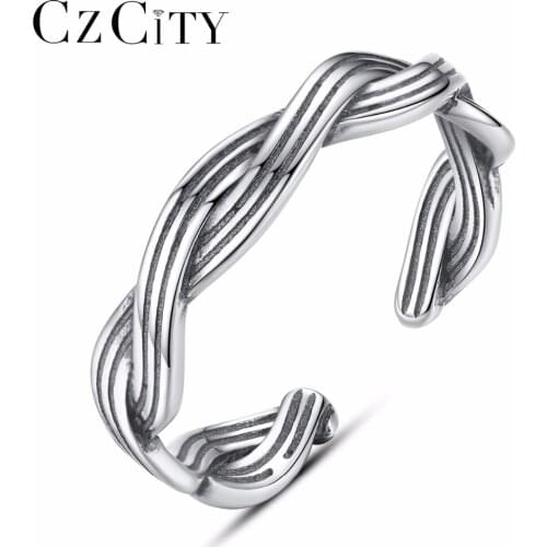 CZCITY Authentic 925 Sterling Silver Stackable Ring Stripe shape Arrow Finger Ring Women Vintage Sterling Silver Jewelry