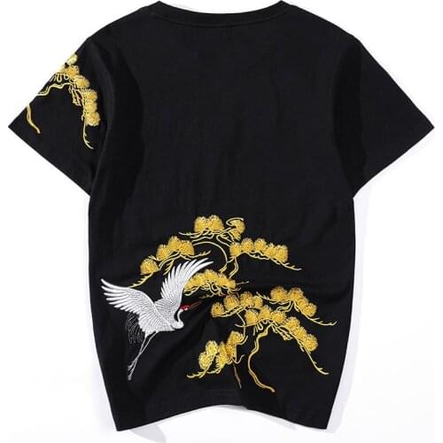 Pure Cotton Vintage Crane Embroidery Mens T-Shirts 2021 Summer Oversized Short Sleeve Tshirt Casual Anime Top Tee Clothing B167