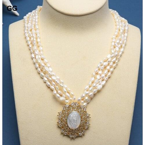 GuaiGuai Jewelry Natural Freshwater Cultured White Keshi Pearl CZ Shell Christ Jesus Connector Pendant Necklace For Women