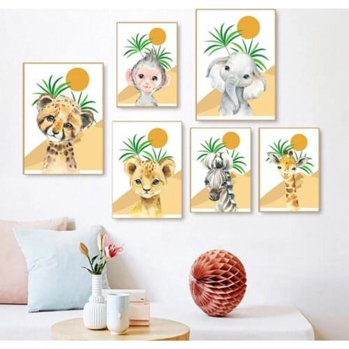 Cartoon Animal Canvas Print Painting Elephant Lion Zebra Deer Leaf Desert Sun Picture Nursery Wall Art Nordic Poster Home Decor