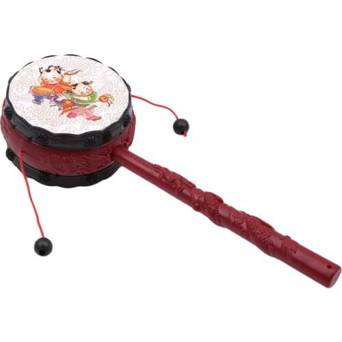 Red Chinese Traditional Spin Toy Rattle Drum Kids Cartoon Hand Bell Plastic For Baby