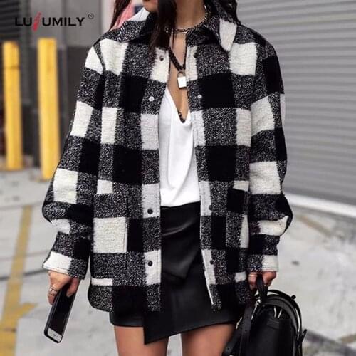 Lusumily Vintage Plaid Jackets Women Spring Fashion Ladies Patchwork Coats Female Thick Woolen Jacket Girls Oversize Jacket Chic