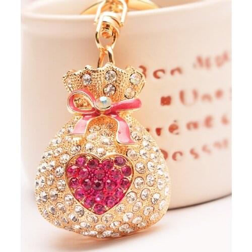 Mini 3D Rhinestone-Crystal Heart Money-bag Purse Keychain Charm Pendant Handbag Butterfly-Bow Fortune-Keychain Key Ring