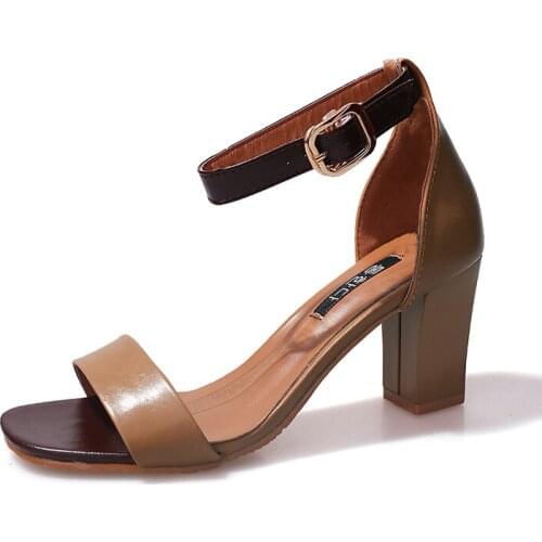 New Summer Fashion Woman One Word Buckle Sandals Roman High Heels Plus Size 34-42 Brown Sexy Zapatilla Mujer