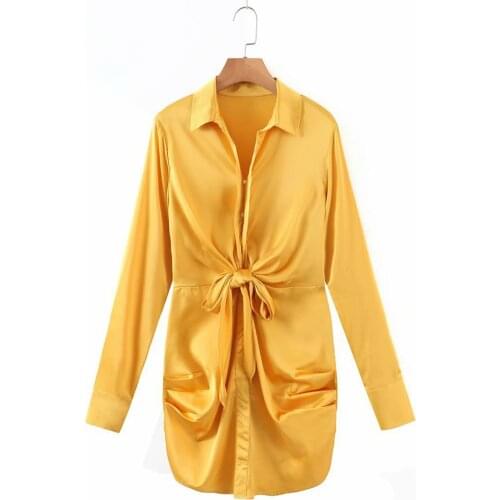2021 Autumn Satin Shirt Pleated Long-sleeved Dress Lace-Up Slim Dress Summer Elegant Draped Deep V Long Shirt Party Dresses