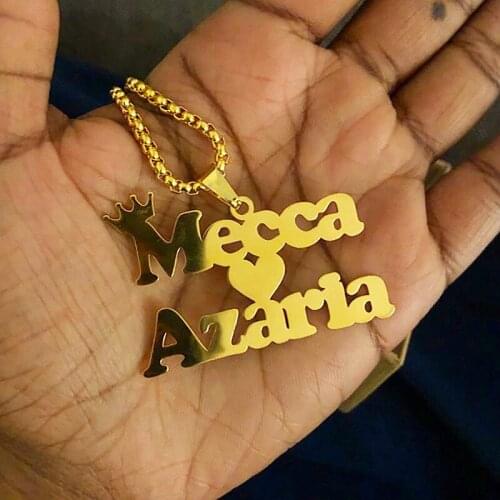 Hip-Hop Personalized Two Name Necklace Crown Customized Stainless Steel Big Nameplate Pendants for Women Men Handmade Jewelry