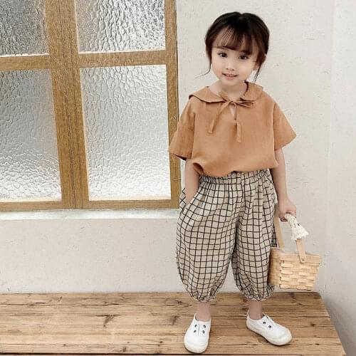 Casual Cotton Linen Toddler Girls Clothes Sets Bow Tops T-Shirts Blouses Kids Girls Plaid Pants Trousers Children Clothing Sets