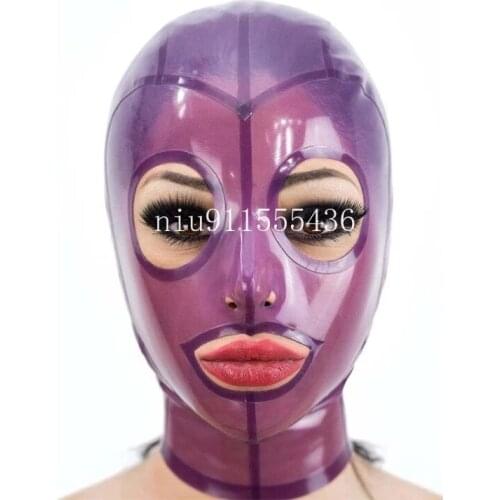 Sexy Latex Women Full Head Latex Rubber Mask Transparent Purple Hoods Fetish Cosplay Mask Back Zipper Club Wear