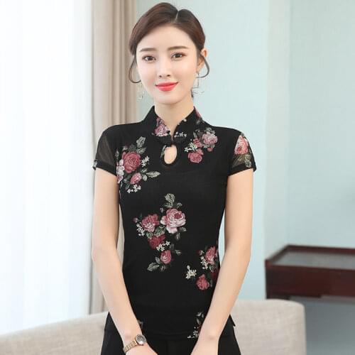 Sexy Cheongsam Shirt Vintage Flower Women Chinese Traditional Qipao Blouse Summer Short Sleeve Clothing Tops Plus Size M-3XL